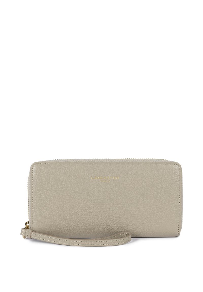 Grey leather wallet with a textured finish, zip closure, and gold embossed logo. Includes a wrist strap for carrying convenience.