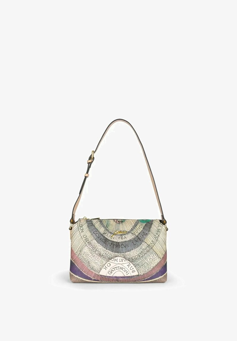 Bolso rectangular con correa ajustable, con un diseño semicircular multicolor y texto "Gattinoni" en el frente.