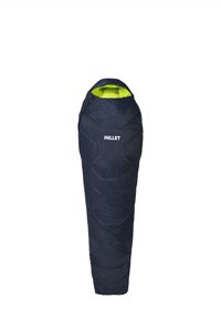 Saco de couchage style momie bleu foncé avec intérieur de capuche jaune vif et logo "MILLET" blanc à l'avant.