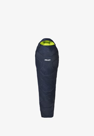 Dark blue mummy-style sleeping bag with bright yellow hood interior and white "MILLET" logo on front.
