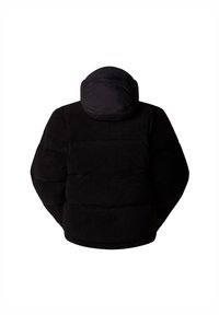 Czarna kurtka puchowa z miękkiego, teksturowanego materiału, z kapturem i prostym krojem oraz poziomymi pikowanymi pasami na plecach.