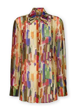 Bluzka na guziki z długim rękawem i spiczastym kołnierzykiem, zdobiona kolorowym, abstrakcyjnym wzorem pociągnięć pędzla w odcieniach czerwieni, pomarańczu, zieleni, fioletu i beżu.