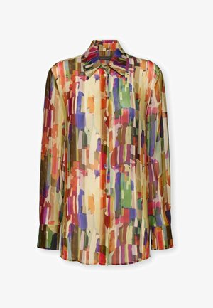Blouse met lange mouwen en knopen, voorzien van een puntige kraag en een kleurrijk abstract penseelstrekenpatroon in rood, oranje, groen, paars en beige tinten.