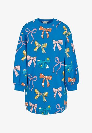 Blauwe sweatshirt jurk met lange mouwen en kleurrijke strikpatronen met regenbogen, sterren, wolken en bloemmotieven.