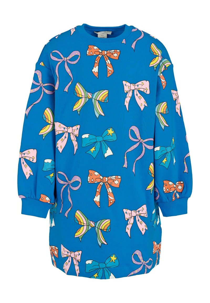 Robe sweatshirt longue à manches bleues avec des motifs de nœuds colorés représentant des arcs-en-ciel, des étoiles, des nuages et des motifs floraux.