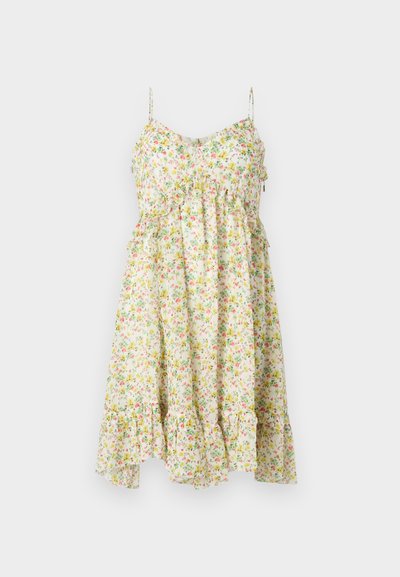 Λευκό αμάνικο καλοκαιρινό φόρεμα με ροζ, κίτρινο και πράσινο floral μοτίβο, βολάν στο τελείωμα και λεπτές ρυθμιζόμενες τιράντες.