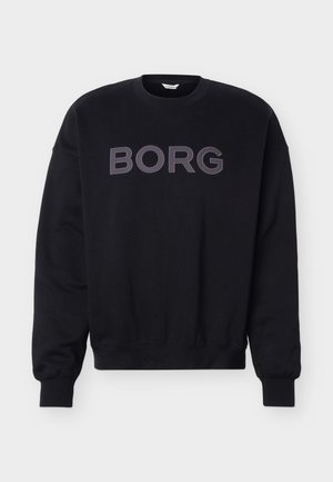 Černá mikina s kulatým výstřihem, žebrovanými manžetami a spodním lemem, s velkým šedým nápisem "BORG" přes hruď.
