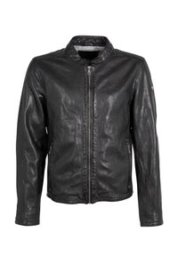 Giubbotto in pelle nera con colletto a stand, chiusura frontale con zip e due tasche laterali. Tessuto liscio con un leggero lucido e cuciture minime.