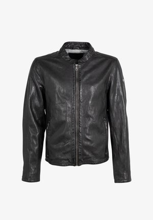 Schwarze Lederjacke mit Stehkragen, Frontreißverschluss und zwei seitlichen Taschen. Glatte Textur mit dezentem Glanz und minimaler Naht.