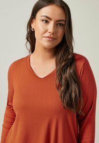 Rustrød langærmet bluse med V-udskæring og ribbet struktur. Stoffet falder blødt med en afslappet pasform, der fremhæver en uformel stil.