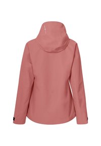 Giacca rosa impermeabile con cappuccio, maniche lunghe e polsini elasticizzati. Caratterizzata da una textura liscia e un design minimalista.