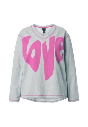 Šedé tričko s dlouhým rukávem a výstřihem do V, na přední straně s velkým růžovým nápisem "LOVE" a růžovým prošíváním na švech.