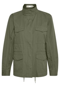 Olive green, lightweight jacket with a high neck, four front pockets, drawstring waist, and contrast stitching. Soft, smooth texture.