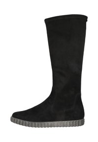 Stivali alti neri in suede con suola in gomma testurizzata e design senza cuciture. Finitura morbida, punta affusolata e senza hardware visibile.