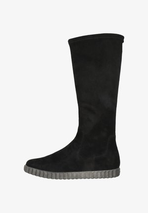 Black suede knee-high boots with a textured rubber sole and seamless design. Soft finish, tapered toe, and no visible hardware.