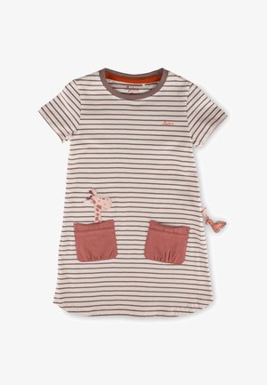 Beiges Kinderkleid mit kurzen Ärmeln und braunen Streifen, zwei vorderen Taschen und einer lächelnden Giraffe, die aus der linken Tasche hervorschaut.