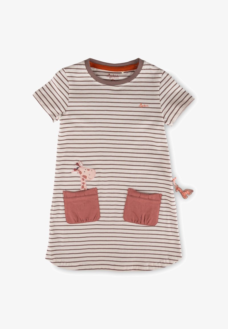Vestito beige a maniche corte per bambini con strisce marroni, due tasche frontali e una giraffa sorridente che spunta dalla tasca sinistra.