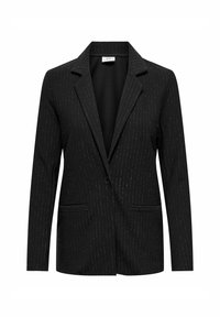 Blazer nero a un bottone con sottili righe bianche verticali, colletto a rever e due tasche a filetto frontali.