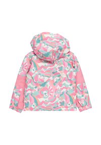 Bunte Kinderjacke aus leichtem Material mit einem tierischen und floralen Muster in Pink und Petrol. Verfügt über eine Kapuze und elastische Bündchen.