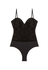 Černý body s výstřihem ve tvaru srdce zdobeným flitry a hladkým, neprůhledným spodním dílem. Nastavitelné ramínka a patentkové zapínání na dolním okraji.