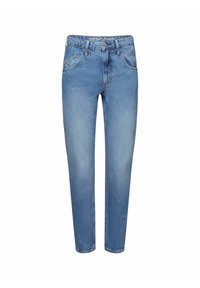 Hellblaue Jeans aus Denim mit geradem Schnitt, fünf Taschen-Design und gestickten Details. Der Bund trägt das Markenlogo auf der Innenseite.