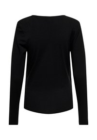 Schwarzes Langarmshirt mit rundem Ausschnitt, aus einem glatten, dehnbaren Stoff gefertigt, mit figurbetontem Schnitt und einer dezenten, geschwungenen Saumlinie.