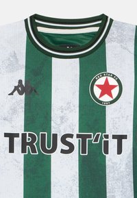 Zelena in bela črtasta nogometna majica z okroglim ovratnikom, z zvezdnim logotipom in besedilom "TRUST'IT" v krepki črni barvi. Struktura tkanine.