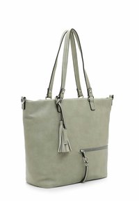 Sac fourre-tout en cuir vert avec double sangle, poche zippée extérieure et détail en pompon. Texture lisse et forme rectangulaire.
