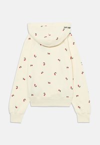Cremefarbener Sweatshirt mit Kapuze, versehen mit einem verstreuten Kirschdruck. Weicher Stoff, gerippte Bündchen und Saum. Etikett auf der Rückseite in der Nähe des Kragens.