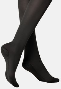 Schwarze Strumpfhosen mit glatter Textur, ausgestattet mit einer verstärkten Ferse und Zehenbereich sowie einem strukturierten Griffmuster für Stabilität.