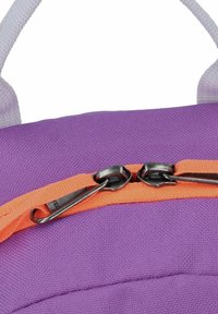 Purple backpack material with a textured finish. Features dual metal zippers with an orange pull tab, contrasting against the fabric.
