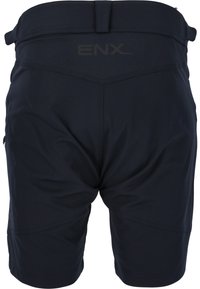 Marineblaue Shorts aus glattem, elastischem Stoff. Merkmale sind ein Taillenbund mit Branding, flache Nähte und seitliche Taschenöffnungen.