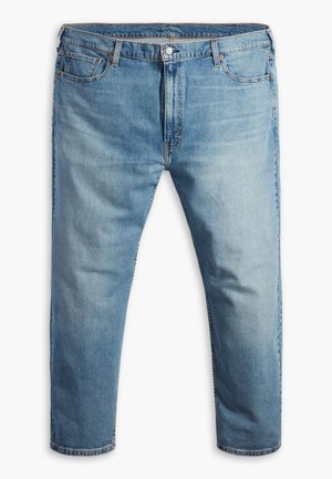 Light blue denim jeans with a straight leg design, five pockets, button closure, and light fading on the fabric, typical of jeans.