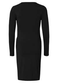 Czarna sukienka z długim rękawem o prostej sylwetce. Wykonana z miękkiego materiału, z okrągłym dekoltem i długością do kolan. Minimalistyczny design.