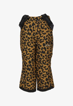 Pantalon de ski pour enfants, marron, avec des taches léopard noires et des bretelles noires réglables.