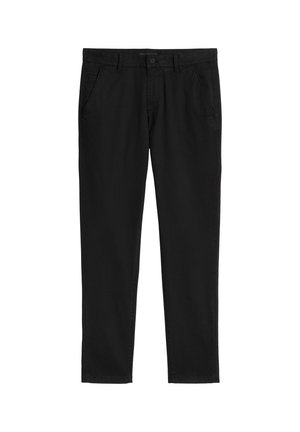 Pantalon en coton noir à coupe droite. Comprend des poches avant, une fermeture à bouton et une texture lisse. Sans motifs ni accents visibles.