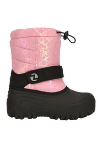 Rosa Schneestiefel mit einem gemusterten Obermaterial, schwarzem Gummisohle, verstellbarem oberen Verschluss und einem Klettverschluss mit Logodetail.