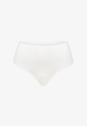 White seamless hipster underwear, smooth fabric, minimalistic design, triangular shape, soft texture with elastic waistband.