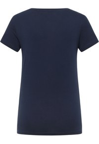 Navy blue short-sleeve T-shirt made of soft cotton. Round neckline, straight cut, and small side slits at the hem for ease of movement.