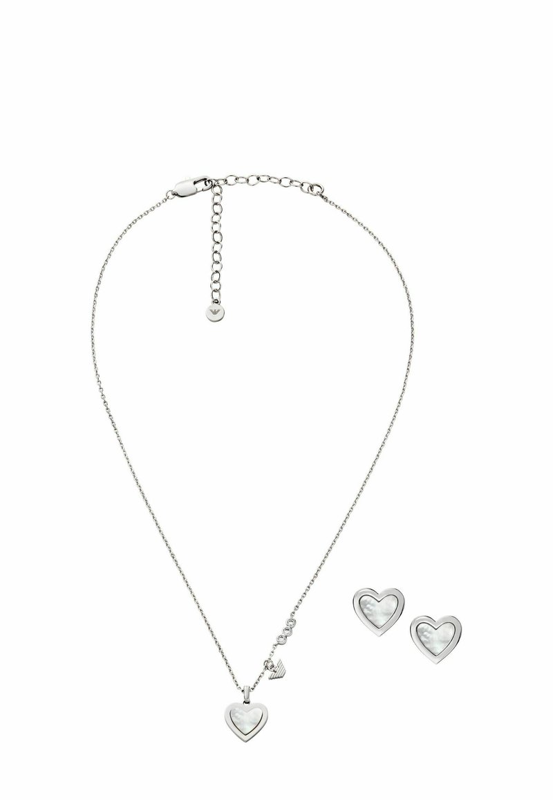 Silver jewelry set featuring a necklace with a heart pendant and matching earrings, both with a polished finish and mother-of-pearl inlays.