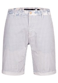 Des shorts en tissu léger avec un fond blanc agrémenté de motifs circulaires et floraux bleus, une fermeture à boutons et des revers repliés.