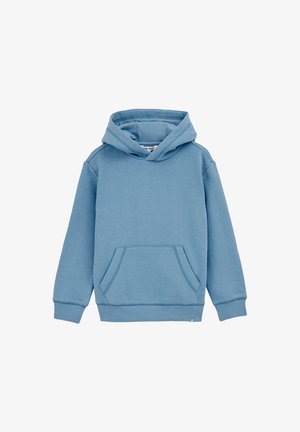 Hanorac din bumbac de culoare albastru deschis, cu buzunar frontal, glugă cu șnur și manșete și tiv cu striații. Textură netedă și croială lejeră.