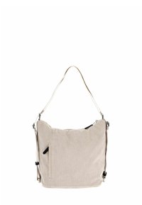 Sac à épaule en velours côtelé beige avec une surface texturée, un compartiment principal spacieux, une poche zippée à l'avant et des sangles ajustables.