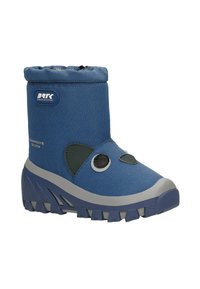 Blauwe waterdichte kinderlaars met een zachte rand, rubberen zool en een speelse gezichtsontwerp. Heeft gestructureerde zijkanten en een grijze buitenzool.