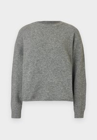Gray knitted sweater with a round neck, long sleeves, and a relaxed fit. Texture appears soft with a subtle heathered pattern.