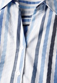 Camicia a strisce con bottoni, caratterizzata da sfumature di blu e bianco, con colletto e texture liscia, evidenziando righe verticali uniformi e bottoni.