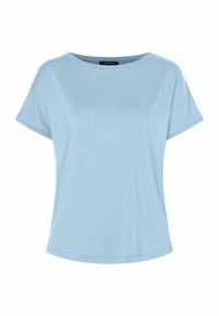 Helles blaues T-Shirt mit kurzen Ärmeln, Rundhalsausschnitt, lockerer Passform und weicher Textur, das aus einem glatten Stoff gefertigt ist und ein einfaches Design aufweist.