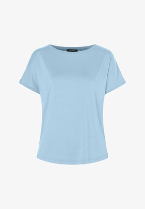 Helles blaues T-Shirt mit kurzen Ärmeln, Rundhalsausschnitt, lockerer Passform und weicher Textur, das aus einem glatten Stoff gefertigt ist und ein einfaches Design aufweist.