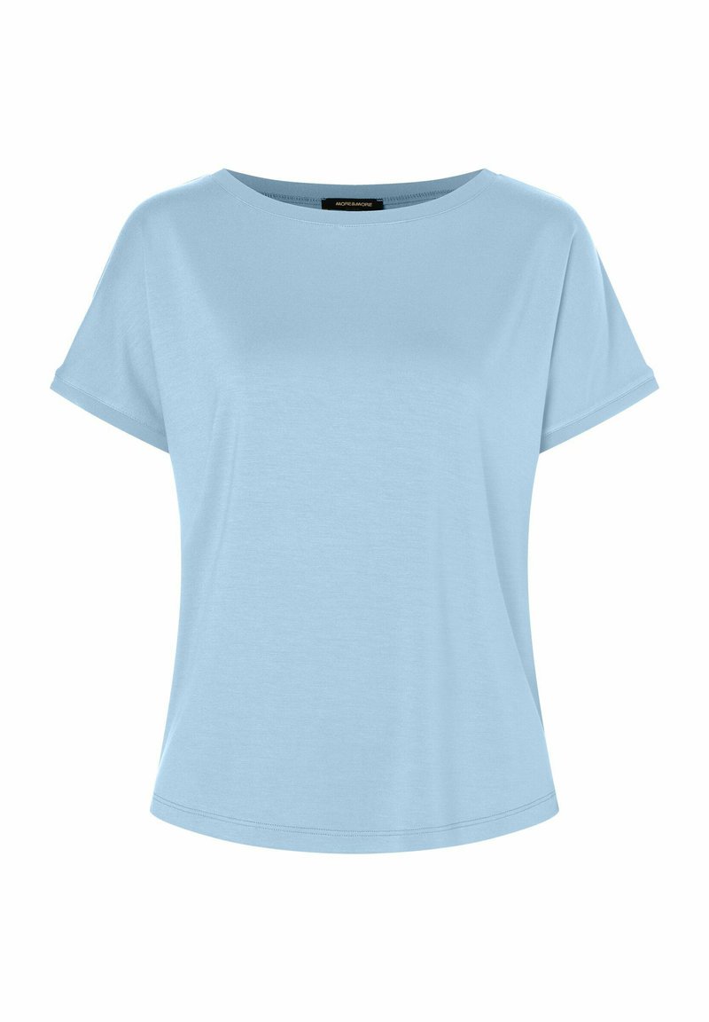 Helles blaues T-Shirt mit kurzen Ärmeln, Rundhalsausschnitt, lockerer Passform und weicher Textur, das aus einem glatten Stoff gefertigt ist und ein einfaches Design aufweist.