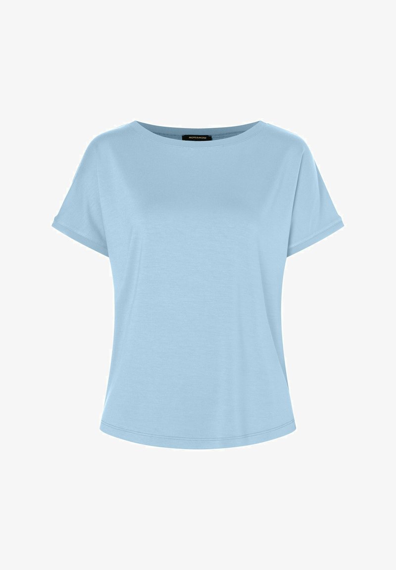 Helles blaues T-Shirt mit kurzen Ärmeln, Rundhalsausschnitt, lockerer Passform und weicher Textur, das aus einem glatten Stoff gefertigt ist und ein einfaches Design aufweist.